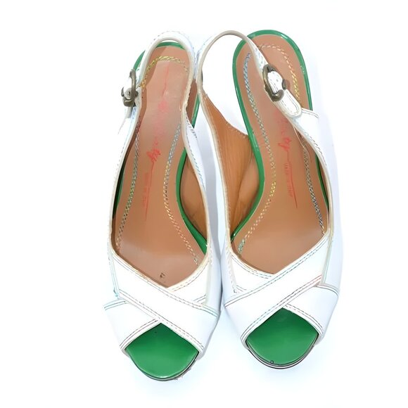 Vintage Miss Sixty White Green Chunky Peep Toe Slingback Leather Heels 39 8.5 9 - Picture 4 of 16